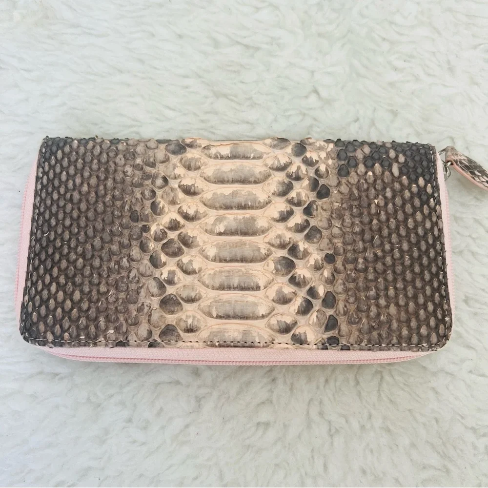 Genuine Python Snake Skin Leather Pink/ Black/Gray Zip Around Long Wallet